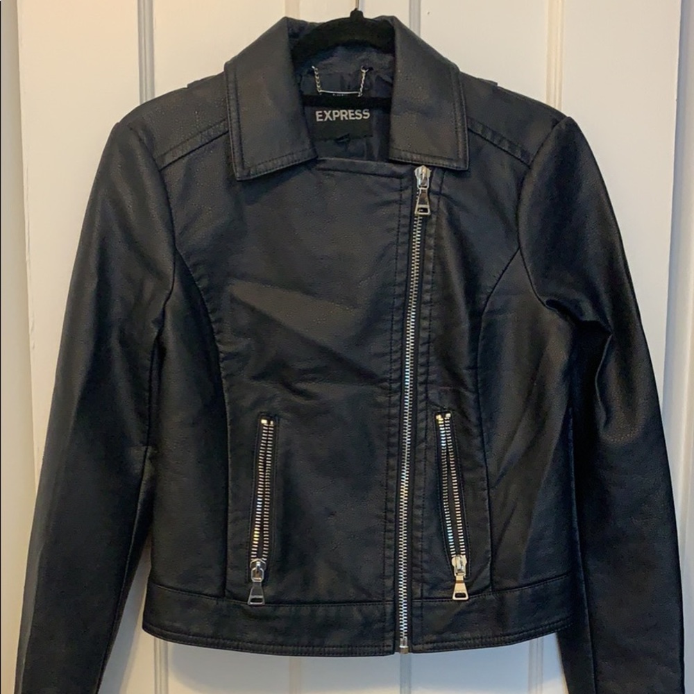 Dark blue vegan “leather” moto jacket